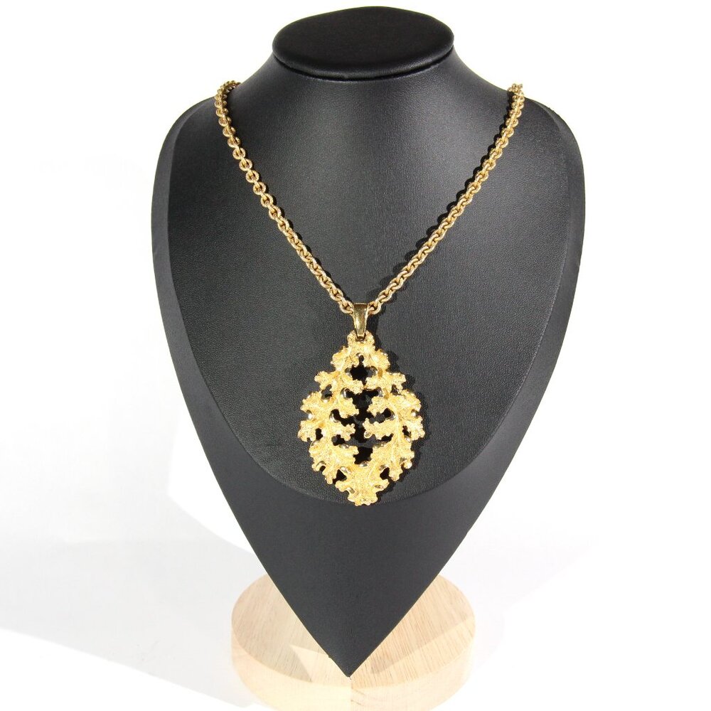 Gold Tone Ornate Leaf Pendant Necklace - Women Jewelry Necklaces